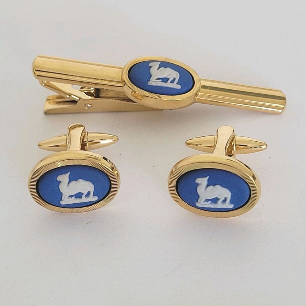 Wedgewood‎ Jasperwear Tie Bar Clip Cufflinks Set Gold Blue Tone Camel England